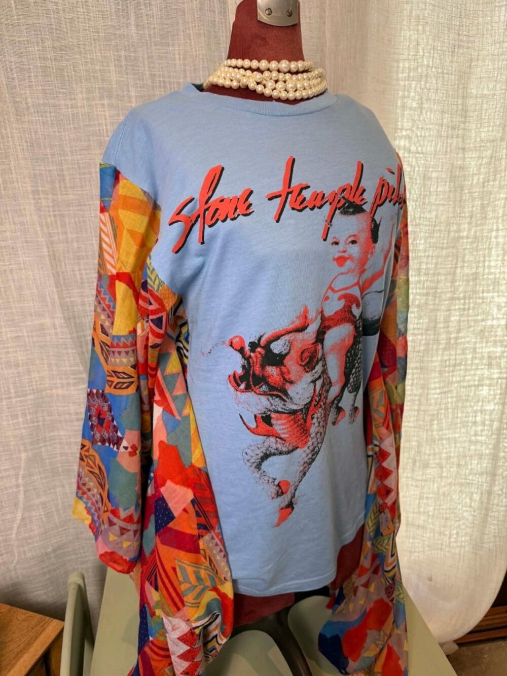 NEW Upcycled Stone Temple Pilots Rock T-shirt, vintage scarf.
